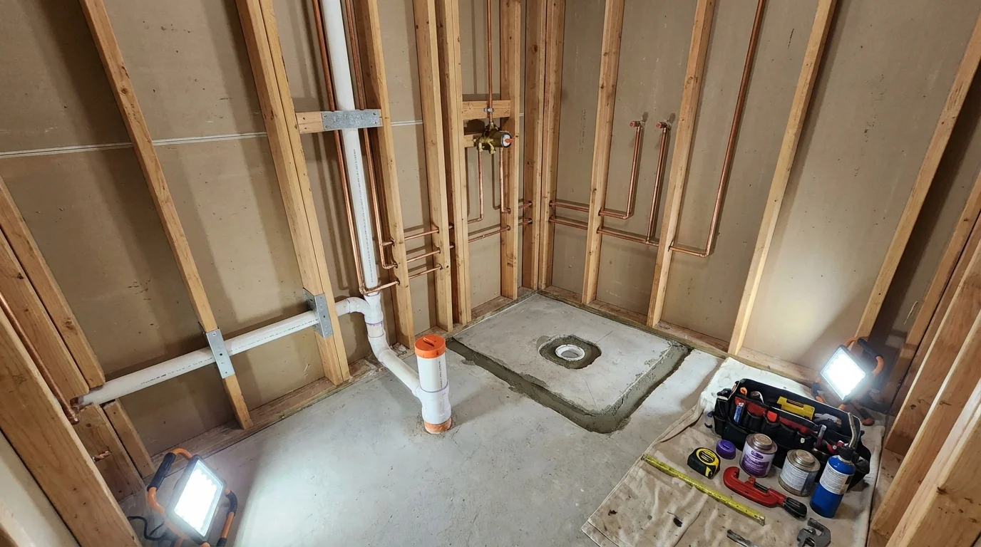 Bathroom rough-in plumbing during remodel by Johns Plumbing LLC in North Hollywood