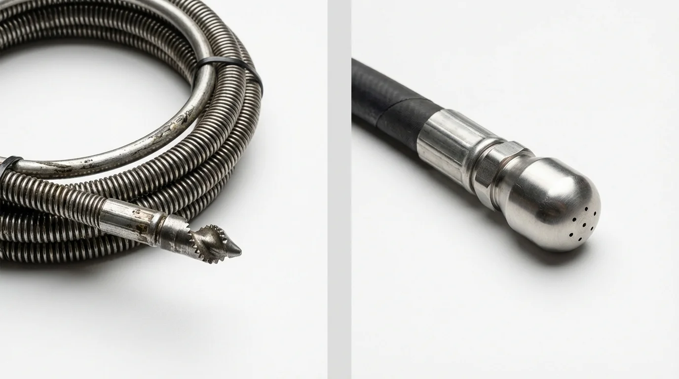 Drain snake cable and hydro jetting nozzle used for drain cleaning in North Hollywood, CA