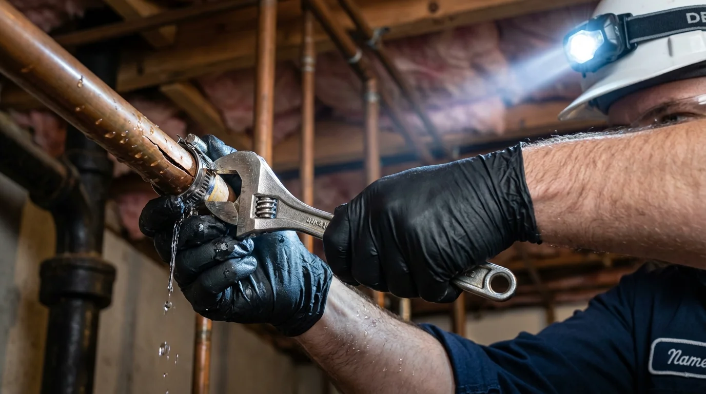 Emergency pipe clamp repair being performed by a Johns Plumbing LLC plumber in North Hollywood