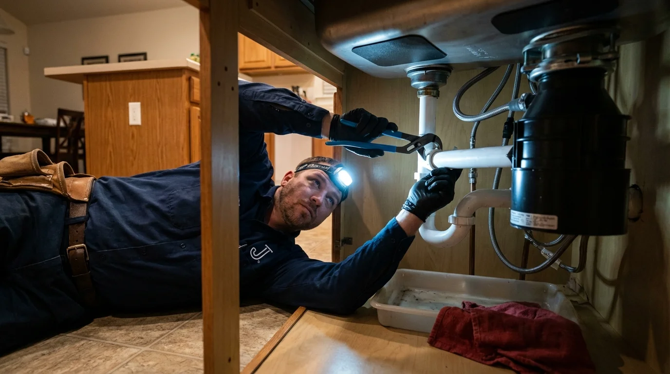 P-trap and supply line connections under a kitchen sink showing a common leak point in North Hollywood, CA